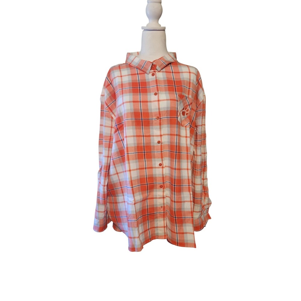 UG Apparel Womens Clemson Size 1X Orange Plaid Button Down  Paw Print